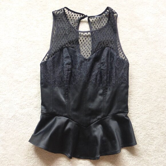 GUESS mixed satin, lace and mesh peplum top - Picture 1 of 8